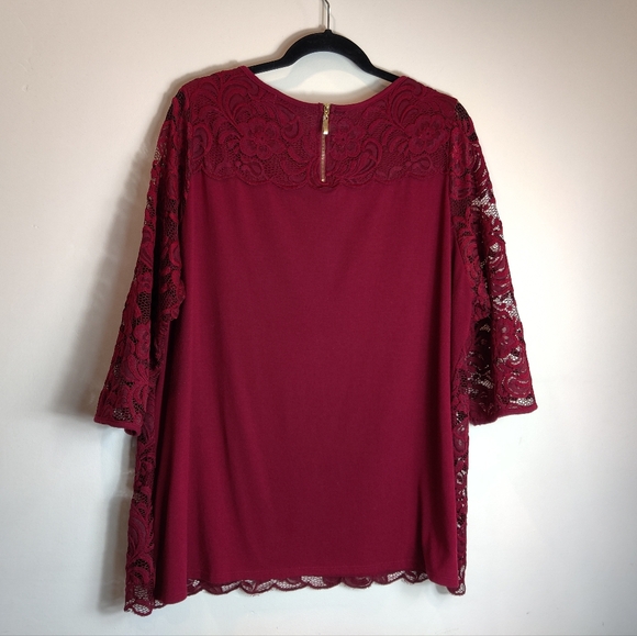 Roz & Ali Dressbarn Lace Blouse 3/4 Sleeve Dark Cherry Red Size 2X - Picture 3 of 10